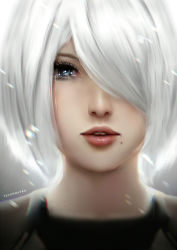 Rule 34 | 1girl, artist name, chromatic aberration, commentary, crying, crying with eyes open, hair over one eye, lips, looking at viewer, nier:automata, nier (series), nose, parted lips, portrait, short hair, simple background, solo, spoiler check, spoilers, tears, tecnomayro, teeth, white background, a2 (nier:automata)
