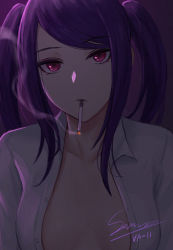 Rule 34 | 1girl, bangs, breasts, breasts apart, cigarette, closed mouth, collared shirt, copyright name, dress shirt, expressionless, eyebrows visible through hair, highres, jill stingray, long hair, mouth hold, naked shirt, no bra, open clothes, open shirt, pink eyes, purple hair, selcky, shirt, sidelocks, signature, smoke, smoking, solo, swept bangs, twintails, unbuttoned, unbuttoned shirt, upper body, va-11 hall-a