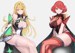 Rule 34 | 2girls, absurdres, artist request, blonde hair, breasts, cleavage, highres, large breasts, multiple girls, mythra (xenoblade), pyra (xenoblade), red eyes, red hair, xenoblade chronicles (series), xenoblade chronicles 2, yellow eyes