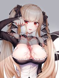 Rule 34 | 1girl, azur lane, benedia, between breasts, black ribbon, blush, bow, breasts, brown hair, cleavage, collarbone, commentary request, cup, detached collar, dress, flight deck, formidable (azur lane), frilled dress, frills, hair bow, hair ribbon, highres, holding, holding cup, large breasts, long hair, long sleeves, looking at viewer, open mouth, pouring, red eyes, ribbon, shade, smile, solo, tea, teacup, twintails, two-tone dress, two-tone ribbon, upper body, very long hair, white dress, white ribbon