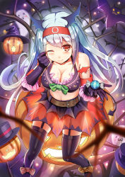 Rule 34 | 10s, 1girl, alternate costume, bare shoulders, bat wings, breasts, candy, cleavage, food, garter straps, hairband, halloween, hat, himonoata, jack-o&#039;-lantern, kantai collection, large breasts, long hair, pumpkin, shoukaku (kancolle), silver hair, solo, thighhighs, wings, witch hat