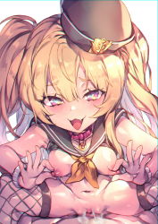 Rule 34 | 1boy, 1girl, :3, anchor symbol, azur lane, bache (azur lane), black sailor collar, blonde hair, blush, bottomless, bracelet, breasts, breasts out, censored, clothes lift, collar, cum, cum overflow, fang, fishnet thighhighs, fishnets, girl on top, grabbing own breast, gradient eyes, hair between eyes, hat, heart, heart-shaped pupils, hetero, highres, jewelry, leaning forward, mosaic censoring, multicolored eyes, navel, neckerchief, nipple stimulation, nipple tweak, nipples, open mouth, out of frame, pink collar, pov, purple eyes, pussy, redcomet, sailor collar, sex, shirt lift, small breasts, symbol-shaped pupils, thighhighs, twintails, vaginal