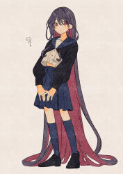 Rule 34 | 1girl, ?, absurdly long hair, black footwear, black hair, black jacket, blue skirt, blue thighhighs, brown background, closed mouth, commentary request, full body, hair between eyes, highres, jacket, loafers, long hair, long sleeves, looking at viewer, multicolored hair, naoton, original, pleated skirt, puffy long sleeves, puffy sleeves, red eyes, red hair, shirt, shoes, simple background, skirt, solo, standing, thighhighs, two-tone hair, very long hair, white shirt