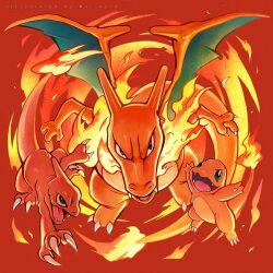 Rule 34 | artist name, breath weapon, breathing fire, charizard, charmander, charmeleon, colored skin, creatures (company), evolutionary line, fangs, fewer digits, fiery tail, fire, game freak, gen 1 pokemon, highres, lizard, lizard tail, looking at viewer, mei ford, nintendo, orange skin, pokemon, pokemon (creature), red background, red skin, red theme, tail, wings