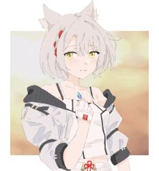 Rule 34 | 1girl, animal ear fluff, animal ears, bare shoulders, blush, braid, breasts, camisole, collarbone, commentary request, fingerless gloves, gloves, grey hair, grey jacket, hair between eyes, hand up, highres, jacket, mio (xenoblade), off shoulder, open clothes, open jacket, puffy short sleeves, puffy sleeves, sabatora (38ttler), short sleeves, skirt, small breasts, solo, upper body, white camisole, white gloves, white skirt, xenoblade chronicles (series), xenoblade chronicles 3, yellow eyes