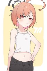 Rule 34 | 1girl, :&lt;, ahoge, asymmetrical bangs, bare arms, bare shoulders, black shorts, blue archive, blush, breasts, camisole, closed mouth, collarbone, ear piercing, halo, hand on own hip, highres, huge ahoge, kamo (kamonabe 44), looking at viewer, midriff, mole, mole under each eye, mole under eye, multiple moles, navel, neru (blue archive), orange hair, piercing, red eyes, shirt, short hair, shorts, small breasts, solo, upper body, v-shaped eyebrows, white shirt