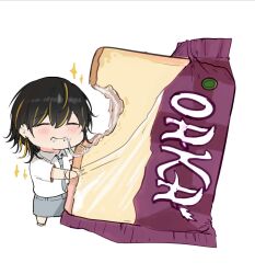 Rule 34 | 1girl, black hair, blonde hair, blue necktie, blue skirt, blush, brand name imitation, bread, bread slice, chibi, closed eyes, closed mouth, collared shirt, commentary request, ear piercing, eating, food, food on face, highres, indonesian commentary, indonesian flag, indonesian high school uniform, mole, mole under mouth, multicolored hair, necktie, original, oversized food, oversized object, piercing, school uniform, shirt, short hair, short sleeves, skirt, solo, sparkle, standing, streaked hair, vloodozer, white background, white shirt