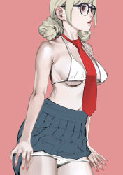 Rule 34 | 1girl, arms at sides, bikini, black-framed eyewear, black skirt, blonde hair, breasts, brown eyes, clothes lift, cowboy shot, double bun, glasses, hair bun, high-waist skirt, highres, inamitsu shinji, lips, long hair, looking afar, medium breasts, nail polish, navel, necktie, no shoes, original, paid reward available, panties, panty pull, parted lips, pink background, pink nails, pulled by self, red necktie, school uniform, simple background, skirt, skirt lift, sleeves past wrists, solo, standing, swimsuit, underwear, white bikini, white panties