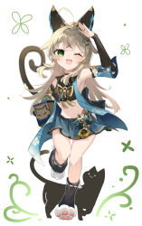 Rule 34 | 1girl, absurdres, ahoge, birthday, black cat, black leg warmers, blonde hair, box, brown tank top, cardboard box, cat, cat feet, cat girl, cat tail, choker, crop top, detached sleeves, ebichiri sunday, foot up, full body, genshin impact, green eyes, hair ornament, hairclip, hand on own head, highres, holding, holding box, kirara (genshin impact), long hair, multiple tails, navel, nekomata, one eye closed, open mouth, smile, solo, tail, tank top, two tails, white background
