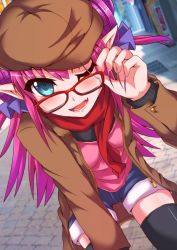 Rule 34 | 1girl, adjusting eyewear, bent over, beret, bespectacled, black thighhighs, blue eyes, blush, commentary request, elizabeth bathory (fate), elizabeth bathory (fate/extra ccc), fang, fate/grand order, fate (series), fingernails, glasses, hair ribbon, hand on own knee, hat, horns, ikue fuuji, jacket, long fingernails, long hair, looking at viewer, one eye closed, open mouth, pink hair, pink shirt, pointy ears, ribbon, scarf, shirt, shorts, solo, thighhighs