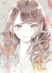 Rule 34 | 1girl, blush, braid, brown eyes, brown hair, closed mouth, collared shirt, crying, crying with eyes open, furrowed brow, grey background, long hair, looking at viewer, messy hair, original, petals, portrait, sakurana haru, shirt, side braid, solo, straight-on, swept bangs, tears, white shirt