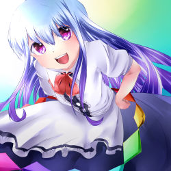 Rule 34 | 1girl, bad id, bad pixiv id, blue hair, bow, dress, gradient background, hand on own hip, hinanawi tenshi, layered dress, leaning forward, long hair, looking at viewer, no headwear, open mouth, porokkon, red eyes, short sleeves, simple background, solo, touhou, very long hair