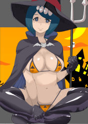 Rule 34 | 1girl, arched back, blue hair, blush, breasts, cleft of venus, cloud, collarbone, covered erect nipples, creatures (company), freckles, game freak, gold hairband, hair tie, hairband, halloween, highres, lana&#039;s mother (pokemon), large breasts, long hair, looking at viewer, makoto daikichi, mature female, navel, nintendo, open mouth, pokemon, pokemon (anime), pokemon sm (anime), short hair, sitting