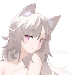 Rule 34 | 1girl, animal ear fluff, animal ears, blush, braid, breasts, cleavage, closed mouth, commentary, commission, completely nude, copyright request, english commentary, fox ears, grey hair, hair down, highres, long hair, looking at viewer, milim nova, mole, mole under eye, nude, pink eyes, simple background, smile, solo, upper body, watermark, white background