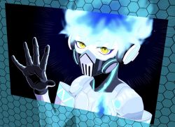 Rule 34 | 1boy, against glass, blue fire, blue hair, covered mouth, eyelashes, fiery hair, fire, glowing, hand on glass, hand up, headphones, highres, honeycomb (pattern), joints, looking at viewer, male focus, mask, mechanical parts, ortho shroud, piko tako, respirator, robot joints, short hair, solo, twisted wonderland, upper body, yellow eyes