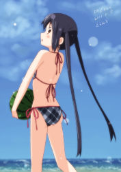 Rule 34 | 1girl, 2011, black hair, brown eyes, dated, day, errant, food, from behind, fruit, holding, holding food, holding fruit, k-on!, long hair, looking back, nakano azusa, sky, solo, swimsuit, twintails, watermelon