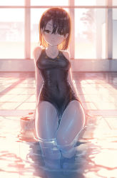 Rule 34 | 1girl, black hair, black one-piece swimsuit, blurry, blush, breasts, brown eyes, covered navel, depth of field, fangxiang cuoluan, highres, looking at viewer, medium breasts, one-piece swimsuit, original, partially submerged, pool, short hair, sitting, soaking feet, solo, swimsuit, unamused, water, wet, window