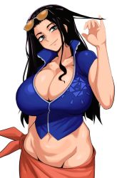 1girl arm_at_side black_hair breasts cleavage closed_mouth collarbone collared_jacket cropped_jacket eyewear_on_head green_eyes groin hand_up head_tilt high_collar highres huge_breasts jacket kevbot long_hair looking_at_viewer lowleg midriff navel nico_robin nico_robin_(return_to_sabaody) one_piece partially_unzipped playing_with_own_hair sarong seductive_smile short-sleeved_jacket short_sleeves sidelocks simple_background skindentation smile solo stomach sunglasses twirling_hair white_background zipper