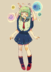 Rule 34 | 1girl, alternate costume, arms at sides, arms up, black socks, blue sailor collar, blue skirt, blush, brown background, chinese commentary, closed eyes, closed mouth, commentary request, demorzel, extra arms, full body, green hair, headgear, highres, mary janes, medium hair, midriff peek, neckerchief, nizimine kakoi, outline, pigeon-toed, planet, poncho, radio antenna, red neckerchief, sailor collar, shoes, skirt, socks, solar system, solo, sparkle, star (sky), star (symbol), starry sky print, utau, white outline, zipper, zipper pull tab