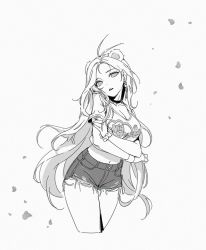 Rule 34 | 1girl, animal ears, bear ears, breasts, cleavage, cropped legs, denim, denim shorts, earrings, greyscale, head tilt, indie virtual youtuber, jewelry, large breasts, long hair, looking at viewer, midriff, monochrome, navel, niamocha, open mouth, parted lips, scrunchie, short shorts, shorts, simple background, siun, solo, very long hair, virtual youtuber, white background, wrist scrunchie