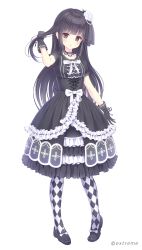 Rule 34 | 1girl, alc (ex2 lv), bad id, bad pixiv id, black footwear, black gloves, black hair, blunt bangs, bow, checkered clothes, checkered legwear, choker, commentary request, cross-laced clothes, dress, flower, frills, full body, gloves, gothic lolita, hair flip, hair flower, hair ornament, hime cut, layered dress, lolita fashion, long hair, looking at viewer, momoiro taisen pairon, official art, open mouth, original, pantyhose, purple eyes, rose, shoes, simple background, solo, standing, veil, watermark, white background, white flower, white rose