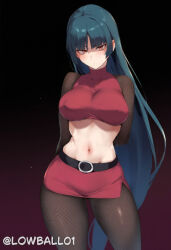 1girl ai-generated arms_behind_back breasts covered_collarbone covered_erect_nipples creatures_(company) fishnet_pantyhose fishnet_sleeves fishnets game_freak green_hair large_breasts long_hair looking_at_viewer lowball01 midriff navel nintendo pantyhose pokemon pokemon_frlg red_eyes red_shirt red_skirt sabrina_(pokemon) shirt skirt solo twitter_username very_long_hair