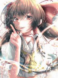 Rule 34 | 1girl, absurdres, adapted costume, ascot, bow, brown hair, chromatic aberration, commentary request, eyebrows hidden by hair, frilled bow, frilled hair tubes, frills, hair between eyes, hair bow, hair tubes, hakurei reimu, hand up, highres, index finger raised, lens flare, light particles, long hair, looking at viewer, midriff, overexposure, parted lips, red bow, red eyes, sailor collar, school uniform, serafuku, shirt, short sleeves, simple background, smile, solo, teeth, touhou, tqg 07, upper body, upper teeth only, white background, white shirt, yellow ascot