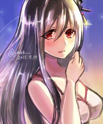 Rule 34 | 10s, 1girl, 2015, bad id, bad pixiv id, bare arms, bare shoulders, bikini, bikini top only, black hair, blush, breasts, cleavage, closed mouth, dated, eyebrows, fusou (kancolle), hair between eyes, hair ornament, hand up, highres, kantai collection, long hair, looking at viewer, medium breasts, red eyes, sidelocks, smile, solo, swimsuit, twitter username, upper body, yuu zaki