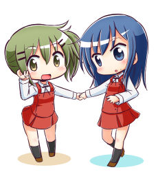 Rule 34 | 2girls, :d, :o, black ribbon, black socks, blue eyes, blue hair, blush, brown footwear, collared shirt, colored shadow, commentary request, green eyes, green hair, hair between eyes, hair ornament, hairclip, hand up, hidamari sketch, holding hands, kneehighs, long hair, long sleeves, mami (hidamari sketch), mole, multiple girls, naga u, nakayama (hidamari sketch), neck ribbon, open mouth, parted lips, pleated skirt, red skirt, red vest, ribbon, school uniform, shadow, shirt, side ponytail, sidelocks, skirt, sleeves past wrists, smile, socks, standing, standing on one leg, v, vest, white background, white shirt