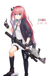 Rule 34 | 1girl, absurdres, ar-15, asymmetrical gloves, asymmetrical legwear, black gloves, black jacket, black socks, blue eyes, boots, breasts, brown footwear, bullet, character name, closed mouth, commentary, cross-laced footwear, dinergate (girls&#039; frontline), dress, fingerless gloves, girls&#039; frontline, gloves, gun, hair between eyes, highres, holding, holding gun, holding weapon, jacket, kneehighs, lace-up boots, long hair, long sleeves, looking at viewer, mismatched gloves, multicolored hair, name connection, object namesake, one side up, open clothes, open jacket, pink hair, pleated dress, purple hair, rifle, simple background, single fingerless glove, single kneehigh, single leg pantyhose, single sock, small breasts, socks, solo focus, st ar-15 (girls&#039; frontline), stratosphere (coom1017), streaked hair, thigh strap, uneven legwear, very long hair, weapon, white background, white dress