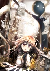 Rule 34 | 1girl, bass clef, beamed quavers, bow, bowtie, brown eyes, brown hair, deemo, deemo (character), girl (deemo), highres, leaf, long hair, looking at viewer, musical note, musical note print, open mouth, paper, piano keys, quaver, sharp sign, sheet music, treble clef, umagenzin