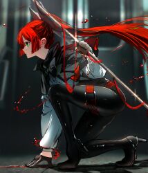 Rule 34 | 1girl, absurdres, black cloak, black gloves, black pants, blunt ends, bow, cloak, from side, gawako, gloves, green eyes, hair bow, half gloves, high heels, high ponytail, highres, holding, long hair, long sleeves, looking ahead, original, pants, parted lips, red hair, shirt, sidelocks, solo, superhero landing, tight clothes, tight pants, white bow, white shirt
