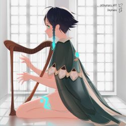 Rule 34 | 1boy, androgynous, artist name, black hair, blue hair, blush, braid, cape, collared cape, commentary request, deymara, genshin impact, gradient hair, green eyes, harp, highres, instrument, leg tattoo, looking at viewer, male focus, multicolored hair, naked cape, seiza, short hair with long locks, side braids, sidelocks, sitting, solo, tattoo, twin braids, twitter logo, twitter username, venti (genshin impact), window