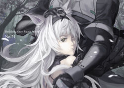 Rule 34 | 1girl, 1other, animal ears, bare shoulders, black hairband, character name, commandant (punishing: gray raven), copyright name, destine (sallyfish), detached sleeves, grey eyes, grey hair, hair intakes, hairband, headpat, latin text, long hair, long sleeves, looking back, mechanical arms, messy hair, no.21: feral scent (punishing: gray raven), no.21 (punishing: gray raven), punishing: gray raven, short sleeves, sidelocks, unkempt, wolf ears