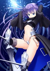 Rule 34 | 1girl, absurdres, arm up, black jacket, blue eyes, blue ribbon, commentary request, crotch plate, eyebrows hidden by hair, fate/extra, fate/extra ccc, fate (series), groin, hair ribbon, high collar, highres, jacket, juliet sleeves, long hair, long sleeves, looking at viewer, meltryllis (fate), navel, parted lips, puffy sleeves, purple hair, ribbon, sanpeita, sleeves past fingers, sleeves past wrists, smile, solo, spikes, v-shaped eyebrows, very long hair, wide sleeves