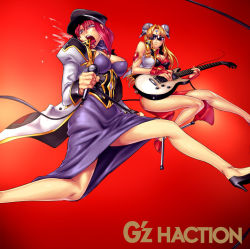 Rule 34 | 00s, 2girls, b&#039;z, band, blonde hair, breasts, cable, china dress, chinese clothes, cleavage, curvy, dress, electric guitar, facial mark, female focus, forehead mark, forte stollen, galaxy angel, glasses, gradient background, guitar, hat, high heels, instrument, jumping, large breasts, long coat, long hair, microphone, military, military uniform, monocle, multiple girls, music, open mouth, parody, peaked cap, pelvic curtain, puffy sleeves, ranpha franboise, red background, red hair, sawao, side slit, simple background, singing, sunglasses, uniform, vest