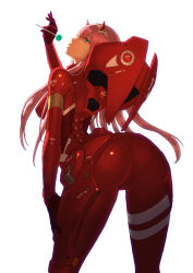Rule 34 | 10s, 1girl, aqua eyes, arched back, ass, backlighting, bent over, bodysuit, breasts, candy, commentary request, darling in the franxx, food, from behind, hairband, highres, horns, lips, lollipop, long hair, looking at viewer, looking back, medium breasts, parted lips, pilot suit, pink hair, red bodysuit, red theme, simple background, skin tight, solo, standing, white background, yoshimura ken&#039;ichirou, zero two (darling in the franxx)
