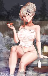 Rule 34 | 1girl, aestheticc-meme, ahoge, arm support, black nails, braid, breasts, breasts apart, covering privates, french braid, grin, hair ornament, hairclip, head tilt, highres, holding, indie virtual youtuber, large breasts, nail polish, naked towel, night, night sky, nude cover, onsen, red eyes, rock, saruei (vtuber), scar, scar across eye, scar on face, sitting, sky, smile, soaking feet, solo, steam, towel, virtual youtuber, water