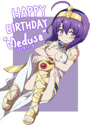 Rule 34 | 1girl, absurdres, ahoge, areola slip, blush, breasts, cleft of venus, closed mouth, dated, egyptian clothes, fang, happy birthday, highres, jashin-chan dropkick, looking at viewer, medium breasts, medusa (jashin-chan dropkick), no bra, no panties, purple eyes, purple hair, pussy, pussy peek, short hair, smile, solo, ydayluca