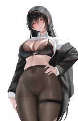 Rule 34 | 1girl, absurdres, black bra, black hair, black jacket, blush, bra, breasts, cameltoe, cleavage, cleft of venus, collared shirt, commission, covered navel, from below, grape ade (cardslash2001), grin, hand on own hip, highres, jacket, lace, lace-trimmed bra, lace trim, large breasts, long hair, long sleeves, looking at viewer, nipples, off shoulder, original, pantyhose, red eyes, shirt, shirt rolled up, simple background, smile, solo, thighband pantyhose, underwear, white background, white shirt