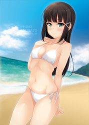Rule 34 | 1girl, arm behind back, artist name, beach, bikini, black hair, blunt bangs, blush, breasts, closed mouth, commentary, cowboy shot, day, green eyes, hair ornament, hairclip, hand on own chest, highres, hino minato (spec.c), kurosawa dia, linea alba, long hair, looking at viewer, love live!, love live! sunshine!!, mole, mole under mouth, navel, nervous, outdoors, raised eyebrows, side-tie bikini bottom, small breasts, solo, straight hair, swimsuit, twitter username, watermark, white bikini