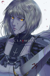 Rule 34 | 1girl, armor, blonde hair, bodysuit, cape, clare (claymore), claymore (series), claymore (sword), collarbone, copyright name, dirty, dirty face, highres, jhony caballero, lips, pauldrons, petals, short hair, shoulder armor, slit pupils, solo, upper body, white background, white cape, wind, wind lift, yellow eyes