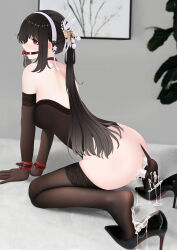 Rule 34 | 1girl, absurdres, all fours, anal, anal object insertion, ass, azur lane, ball gag, bare shoulders, black footwear, black hair, brown gloves, brown thighhighs, chen hai (azur lane), chinese commentary, cum in footwear, dildo, double insertion, elbow gloves, feet, from side, gag, gagged, gloves, hair ornament, high heels, highres, indoors, lace, lace-trimmed legwear, lace trim, long hair, object insertion, red eyes, sex toy, shoes, solo, sym., thighhighs, vaginal, vaginal object insertion, wiffle gag