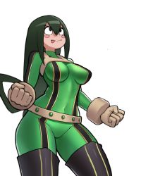 Rule 34 | 1girl, asui tsuyu, black eyes, black thighhighs, blush stickers, bodysuit, boku no hero academia, cameltoe, commentary, donburi (donburikazoku), green bodysuit, green hair, hair between eyes, hair rings, highres, long hair, simple background, skin tight, solo, standing, thighhighs, thighs, tongue, tongue out, white background