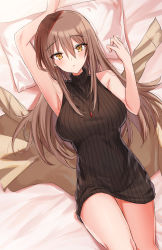 Rule 34 | 1girl, bad id, bad pixiv id, bed sheet, breasts, brown hair, brown sweater, dress, hair between eyes, highres, jewelry, kinona, large breasts, long hair, looking at viewer, lying, necklace, on back, original, pillow, solo, sweater, sweater dress, thighs, yellow eyes