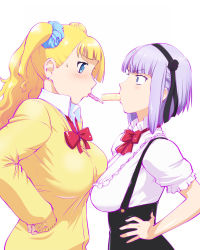Rule 34 | 10s, 2girls, asymmetrical docking, asymmetrical hair, blonde hair, blue eyes, bow, breast press, breasts, candy, cardigan, crossover, dagashi kashi, earrings, eating, food, food in mouth, from side, galko, hair bun, hair ornament, hair ribbon, hair scrunchie, hairband, hands on own hips, jewelry, large breasts, long hair, long sleeves, multiple girls, one side up, oshiete! galko-chan, pocky, profile, purple hair, ribbon, school uniform, scrunchie, season connection, sexually suggestive, shidare hotaru, short hair, side bun, side ponytail, single side bun, suspenders, sweatdrop, twintails, ueyama michirou