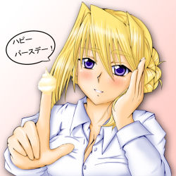 Rule 34 | 1girl, blonde hair, braid, breasts, cleavage, french braid, hand on own cheek, hand on own face, kaneri, large breasts, lips, popped button, princess lover, purple eyes, shirt, short hair, silvia van hossen, smile, solo, translated, whipped cream
