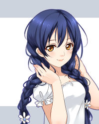 Rule 34 | 10s, 1girl, absurdres, blue hair, braid, clouble, flower, highres, long hair, looking at viewer, love live!, love live! school idol project, orange eyes, shirt, smile, solo, sonoda umi, twin braids, white flower, white shirt
