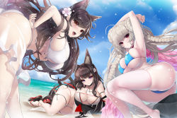 Rule 34 | 3girls, amagi (azur lane), amagi (wending waters serene lotus) (azur lane), animal ears, armpits, arms up, ass, atago (azur lane), atago (summer march) (azur lane), azur lane, bare hips, bare shoulders, beach, bent over, bikini, bikini pull, black hair, blue bikini, braid, braided bun, breasts, cleavage, clothes pull, collar, covered erect nipples, crossed legs, crotch seam, double bun, feathered wings, feathers, feet out of frame, flower, formidable (azur lane), formidable (the lady of the beach) (azur lane), hair bun, hair flower, hair ornament, hand on own hip, hanging breasts, happy, highres, koflif, large breasts, looking at viewer, looking back, lying, mole, mole under eye, multiple girls, official alternate costume, on side, open mouth, purple eyes, red eyes, sand, sandals, see-through, see-through skirt, shiny skin, skin tight, skindentation, skirt, smile, swimsuit, thick thighs, thigh strap, thighhighs, thighs, water, white bikini, white hair, white legwear, wings, yellow eyes