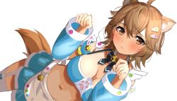 Rule 34 | 1girl, ahoge, animal ears, artist request, bare shoulders, bell, blue shirt, blue skirt, bow, bowtie, breasts, brown eyes, brown hair, cleavage, crop top, detached collar, detached sleeves, dog ears, dog girl, dog tail, frown, garter straps, hair ornament, hairclip, hands up, highres, hoshimeguri gakuen, inuchiyo kokona, jingle bell, looking at viewer, medium breasts, midriff, miniskirt, navel, paw pose, second-party source, shirt, short hair, simple background, skirt, sleeveless, sleeveless shirt, solo, spaghetti strap, stomach, tail, thighhighs, virtual youtuber, white background, white thighhighs, zettai ryouiki